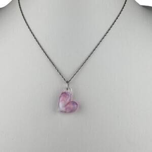 Pink Glass Heart Pendant on 16" Rope Chain Sterling Silver Necklace